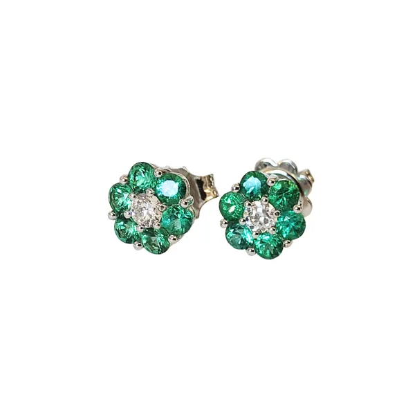 Orecchini Fiore in oro bianco 18 kt con smeraldi e diamante